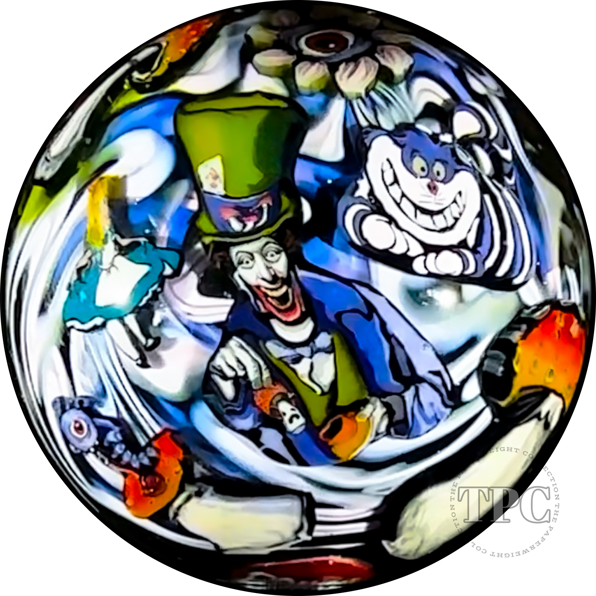 Stephen Boehme 2024 Glass Art Marble w/ Figural Murrine Alice in Wonderland & Mad Hatter w/ Shrooms