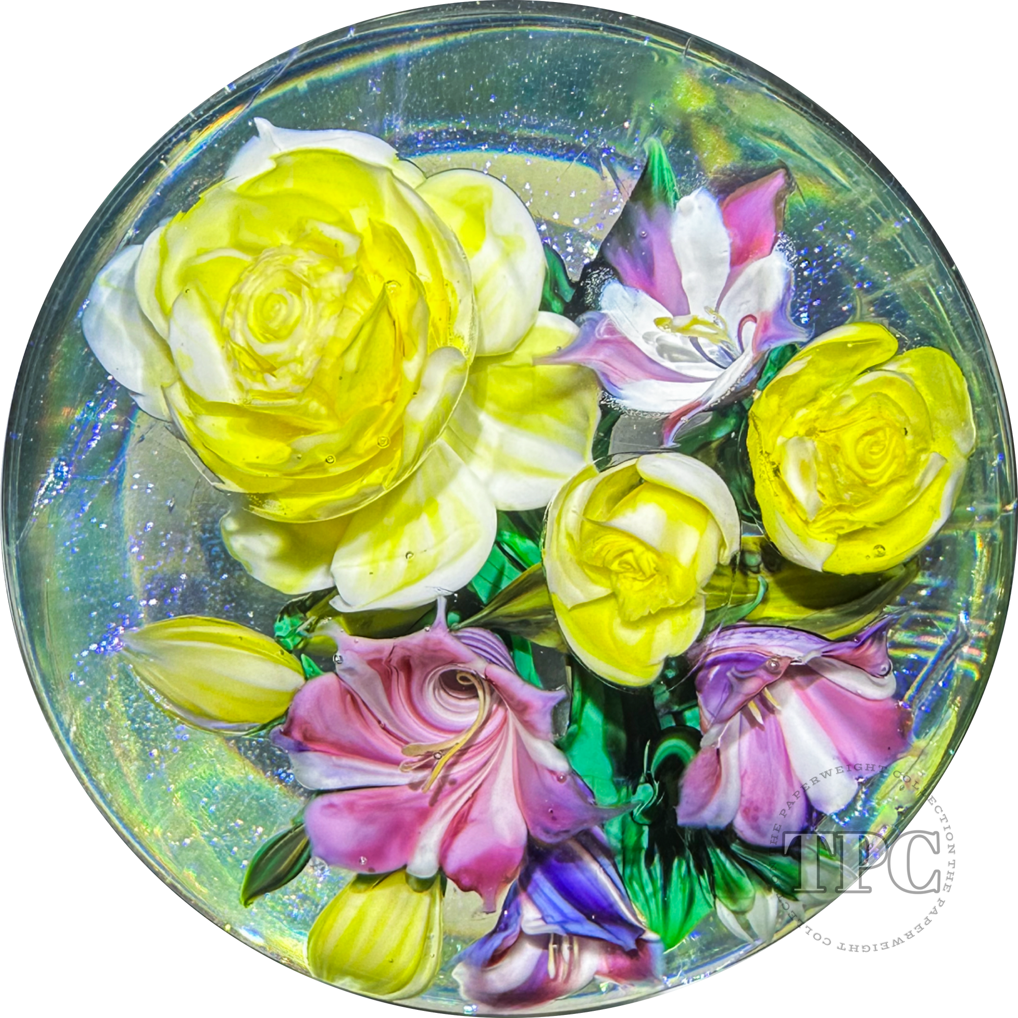 Melissa Ayotte 2024 Glass Art Paperweight Flamework Flower Bouquet on Dichroic Clear Ground