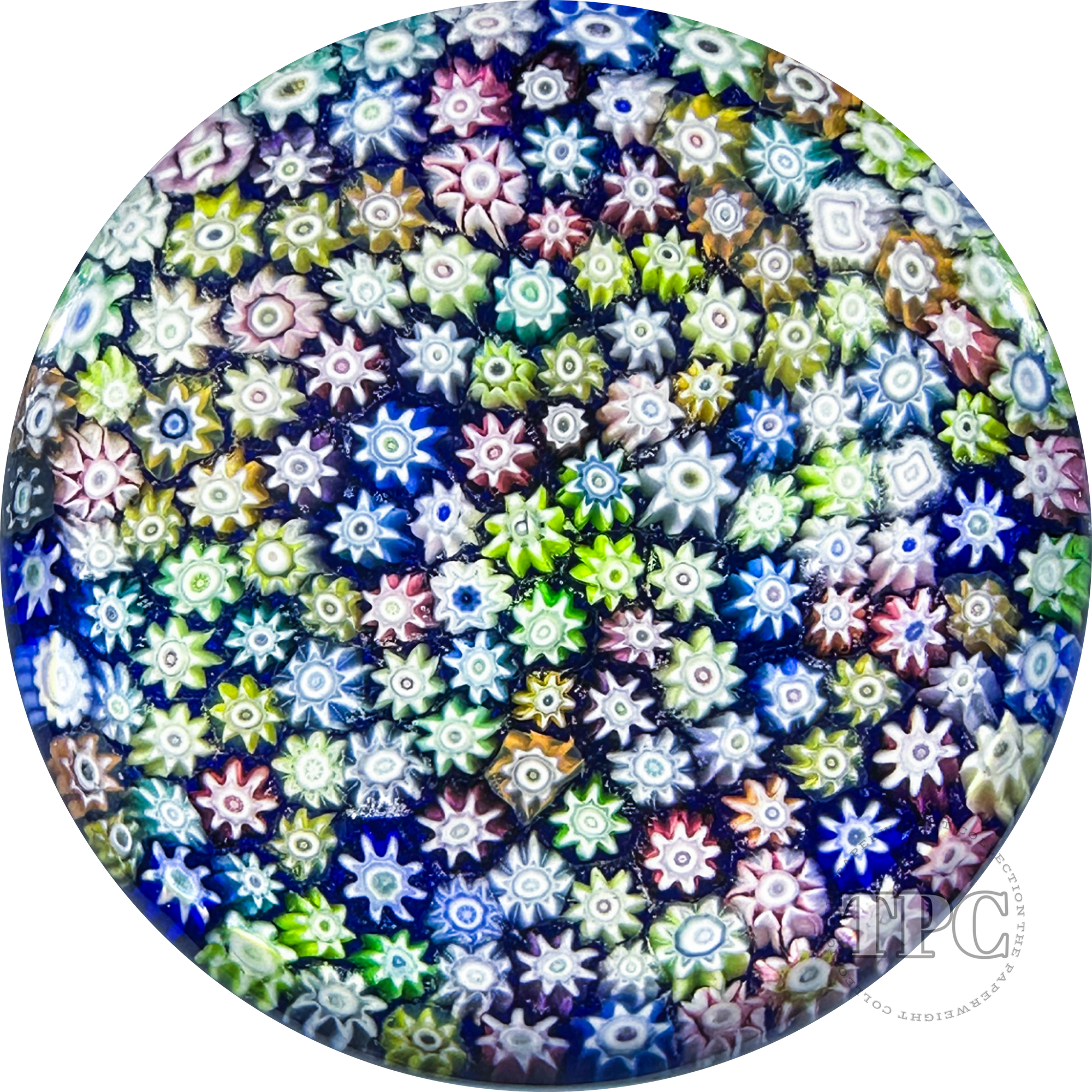 Perthshire Miniature Glass Art Paperweight Colorful Closepack Millefiori on Blue