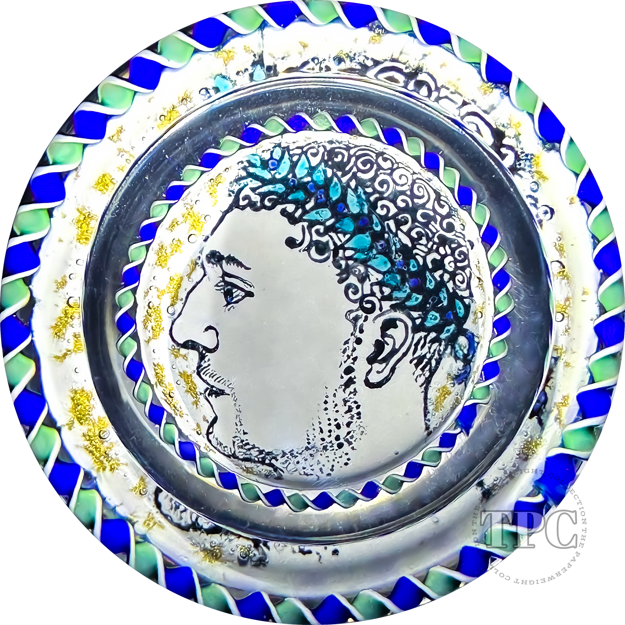 Richard Loesel x Renaud De Putter 2024 Glass Art Paperweight Hand-Painted Alexander the Great with Blue Ribbon Torsade (Copy)