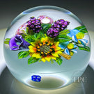 Ken Rosenfeld 2024 Glass Art Paperweight Large Flamework Flower Bouquet on Opaque White Ground