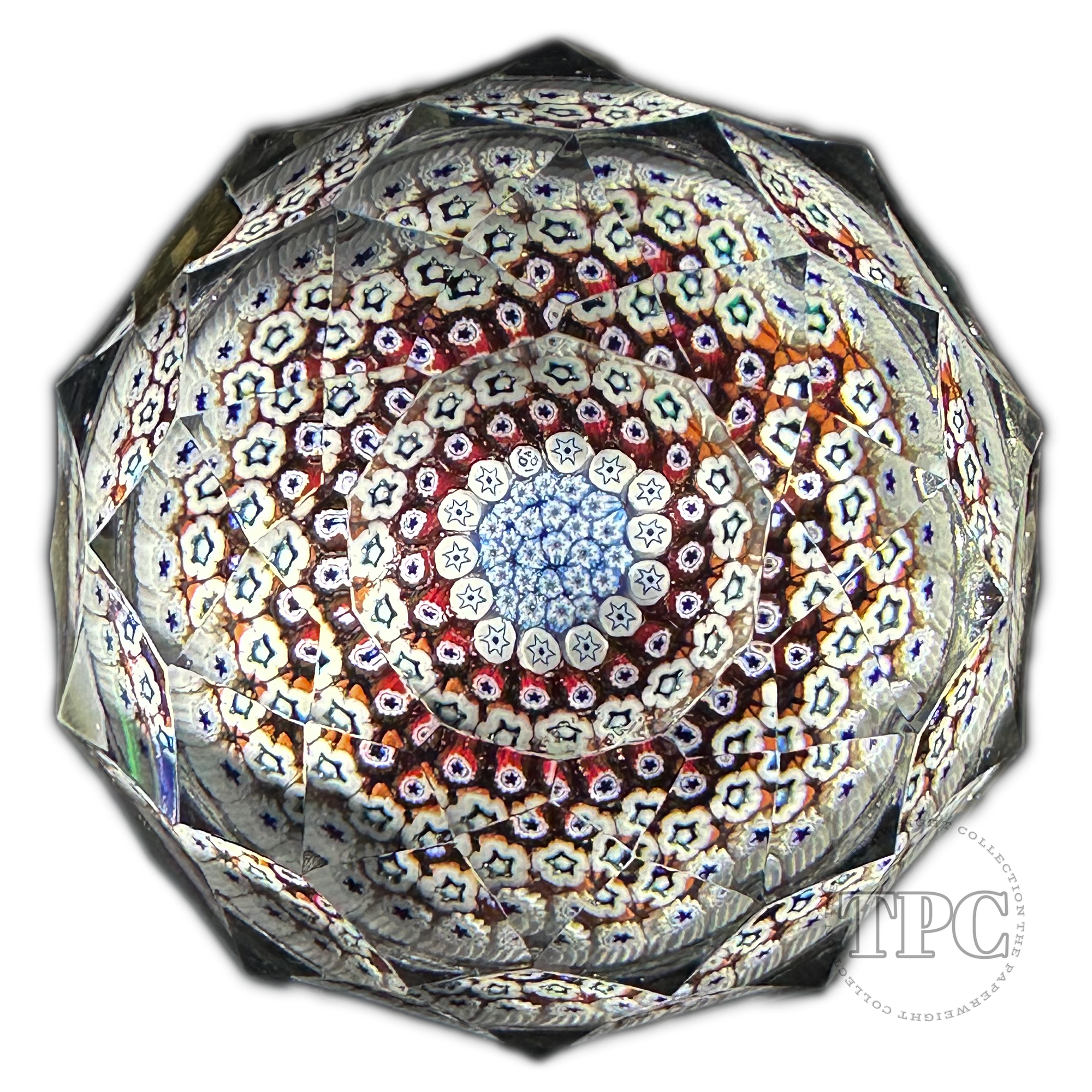 Whitefriars Fancy Faceted Glass Art Paperweight with Colorful Concentric Millefiori