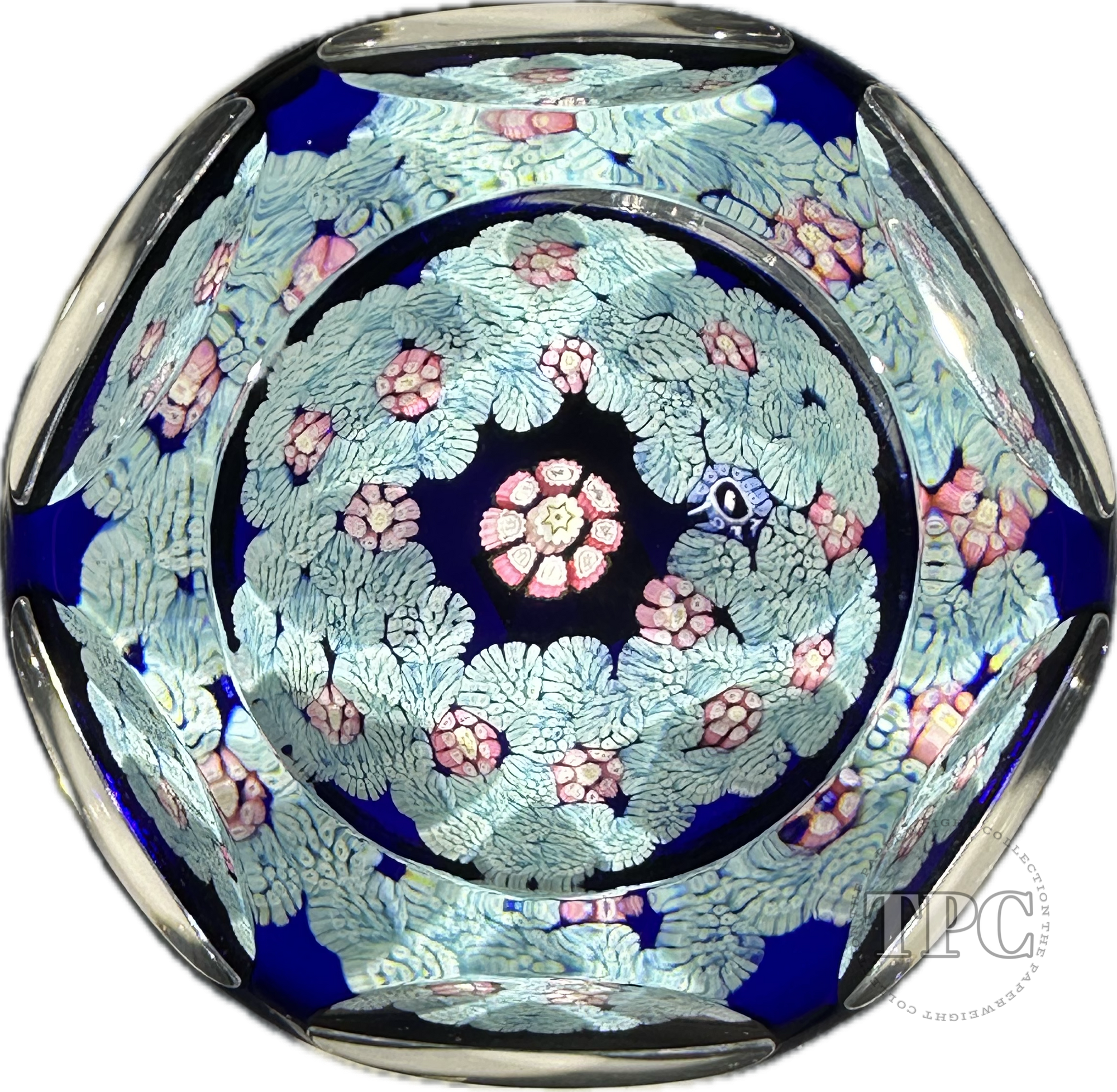 Whitefriars 1977 Faceted Glass Art Paperweight Millefiori Garland on Blue