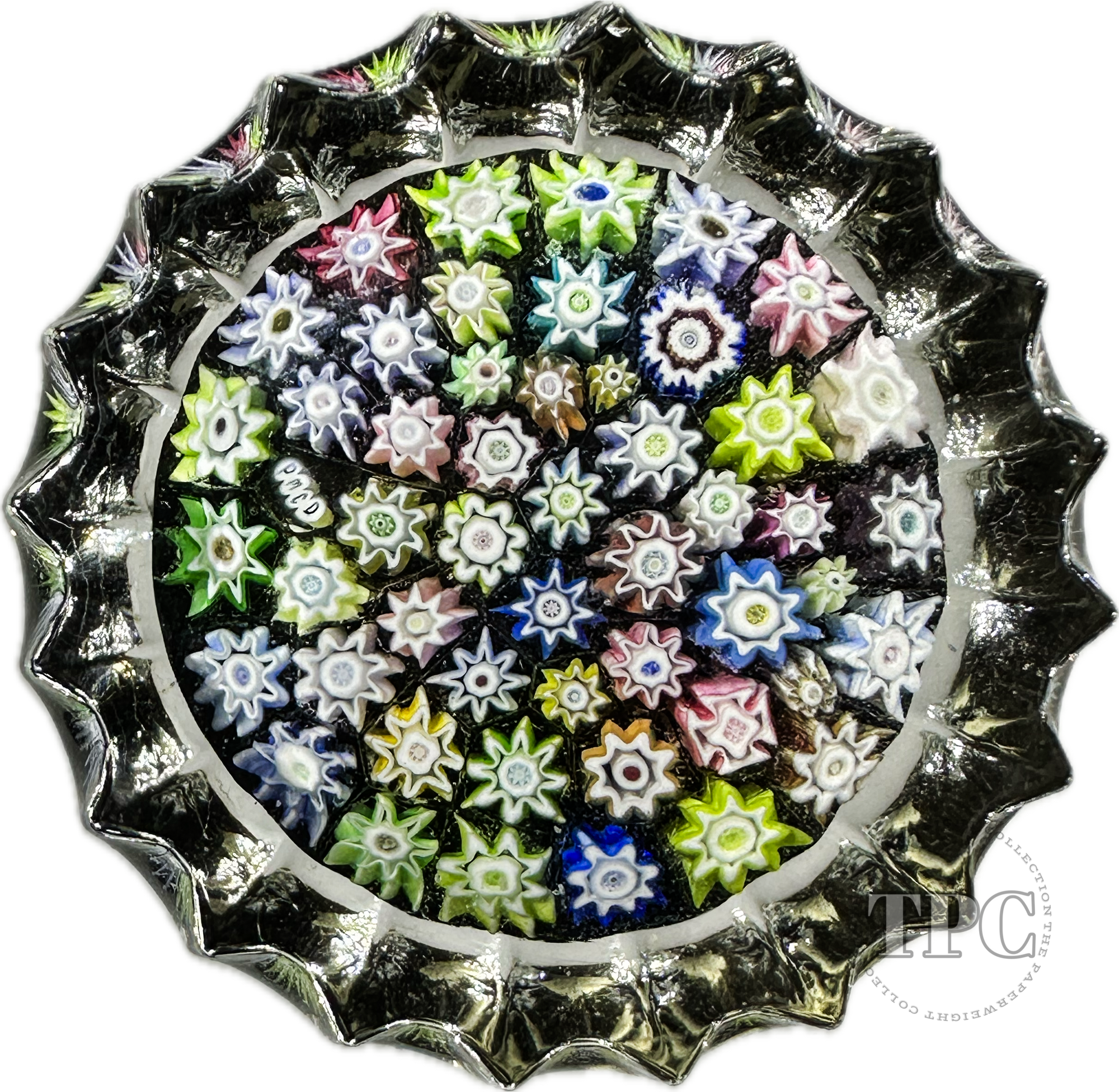 Miniature Peter McDougall Glass Art Paperweight Closepack Millefiori on Black with Fluted Sides