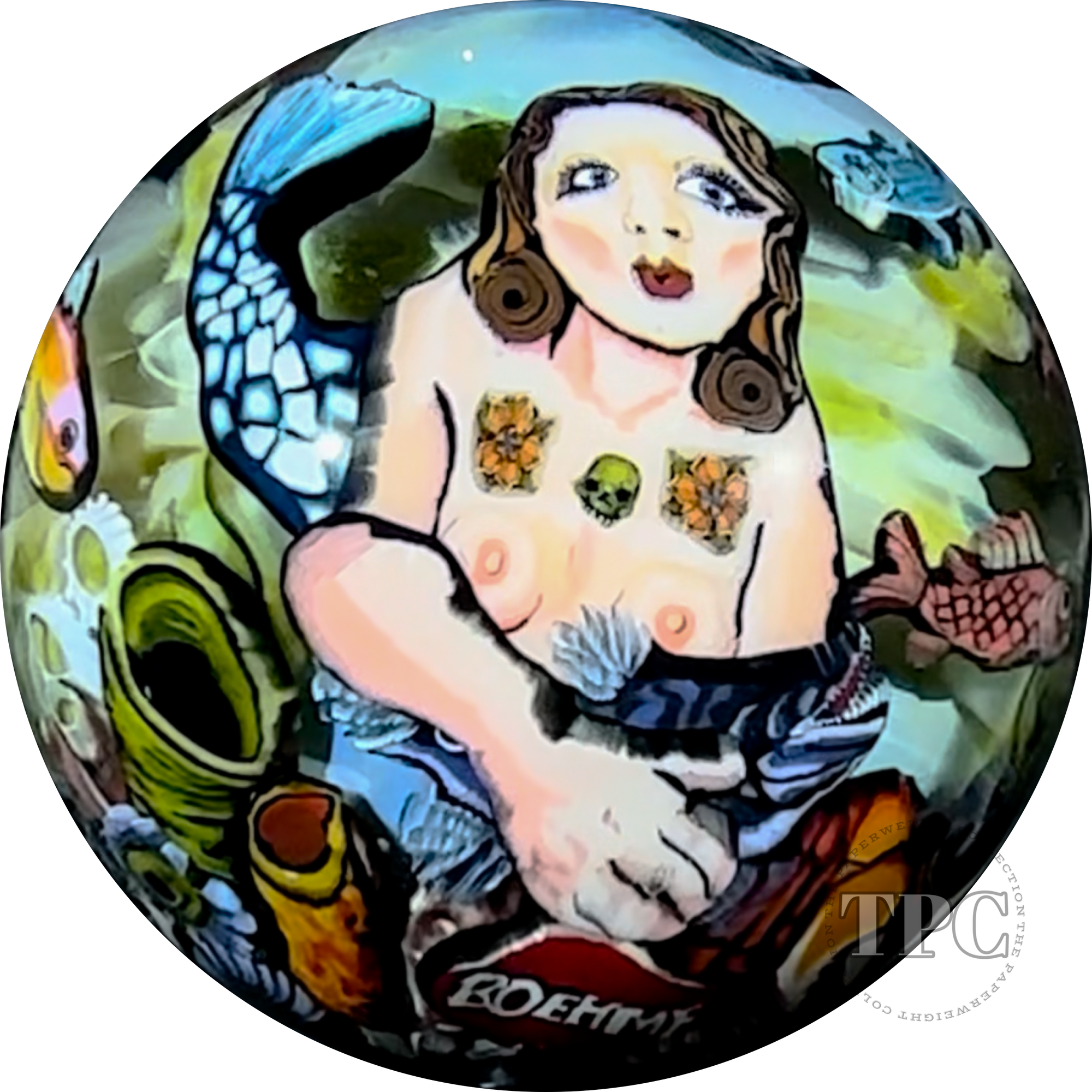 Stephen Boehme 2024 Glass Art Marble Figural Murrine Mermaid with Fish Ocean Scene