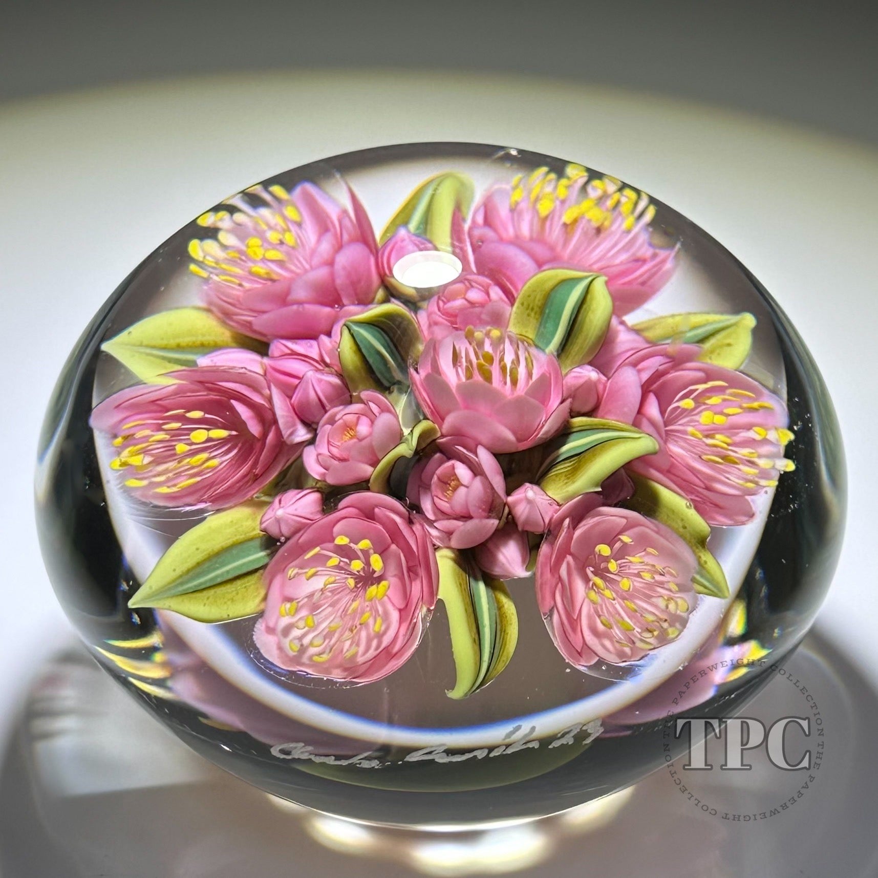 Miniature Lampwork Pink Flower - Glass Paperweight Art with a selling Flat Top