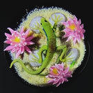 Ken Rosenfeld 2024 Glass Art Marble Flamework Lizard with Pink Flowers