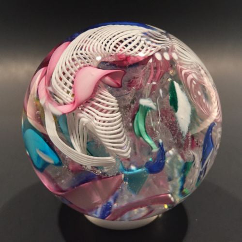 Colorful Murano Art Glass Paperweight Latticino & Ribbon Scramble