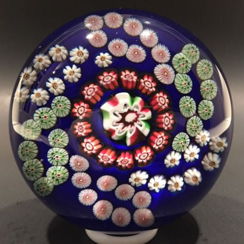 Antique Clichy Art Glass Paperweight Complex Millefiori Garland On Blue Ground