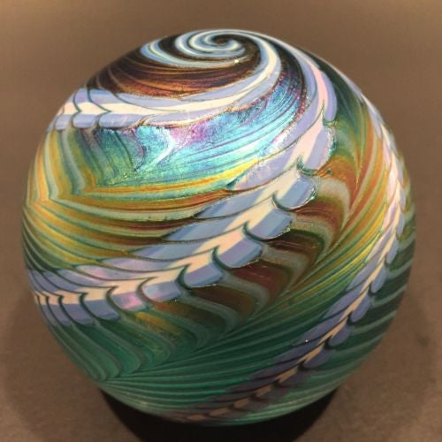 Signed Ornamental Blown Glass OBG Art Glass Paperweight Blue Iridescen