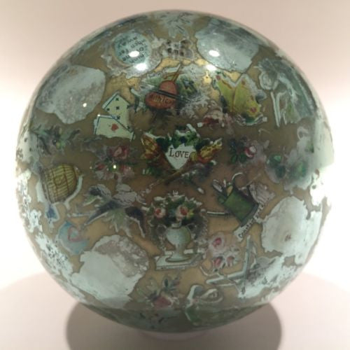 Antique English Green Bottle Glass Paperweight Whimsy Reverse Decoupage