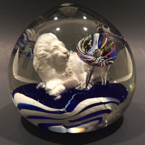 Antique Bohemian Art Glass Paperweight Sulphide Lion With Ice Pick Trumpets