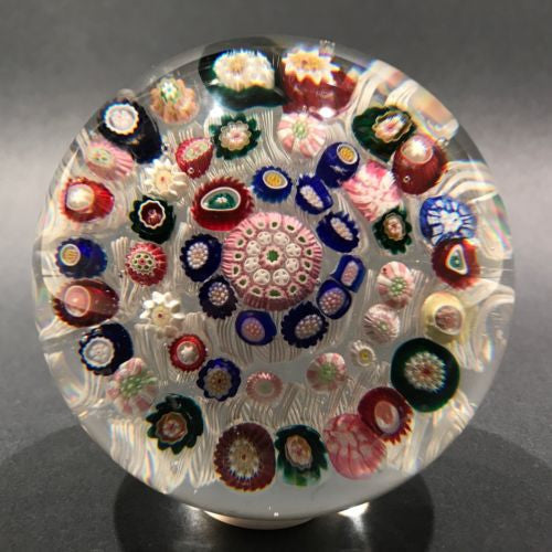 Antique French Art Glass Paperweight Concentric Complex Millefiori on Latticino