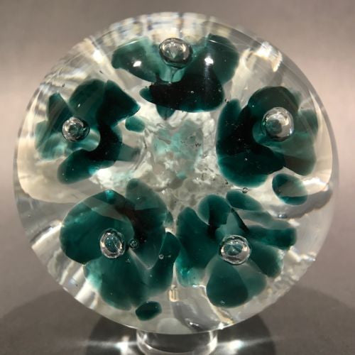 Vintage Monte Dunlavy Art Glass Paperweight Blue Trumpet Flowers on Wh