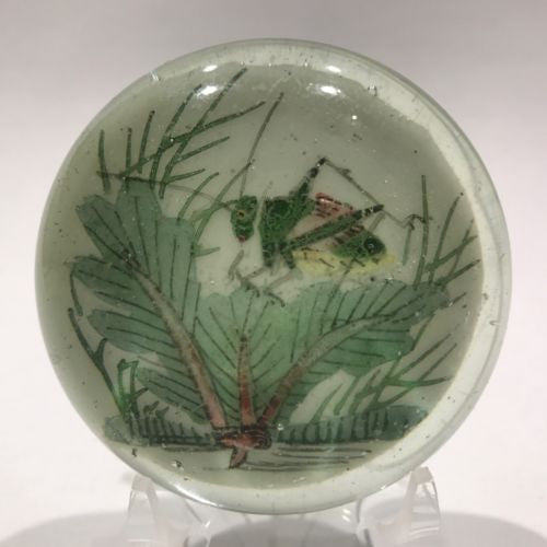 Antique Chinese Painted White Ground Art Glass Paperweight Cricket in Foliage