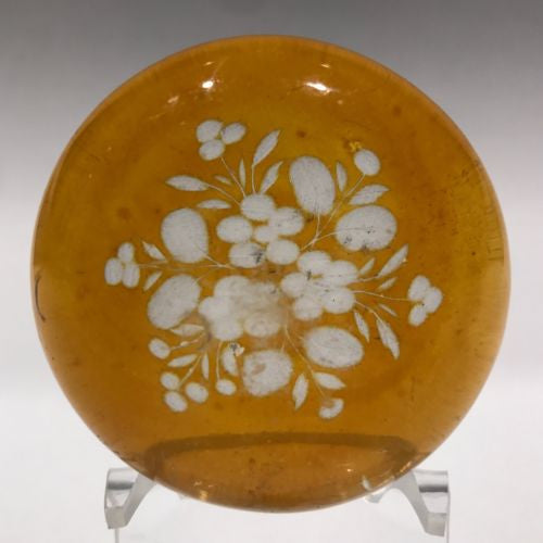 Antique Bohemian Art Glass Paperweight Etched Amber Flash Flower Bouque