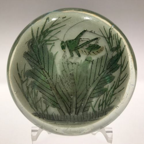 Antique Chinese Paint White Ground Art Glass Paperweight Cricket in Foliage