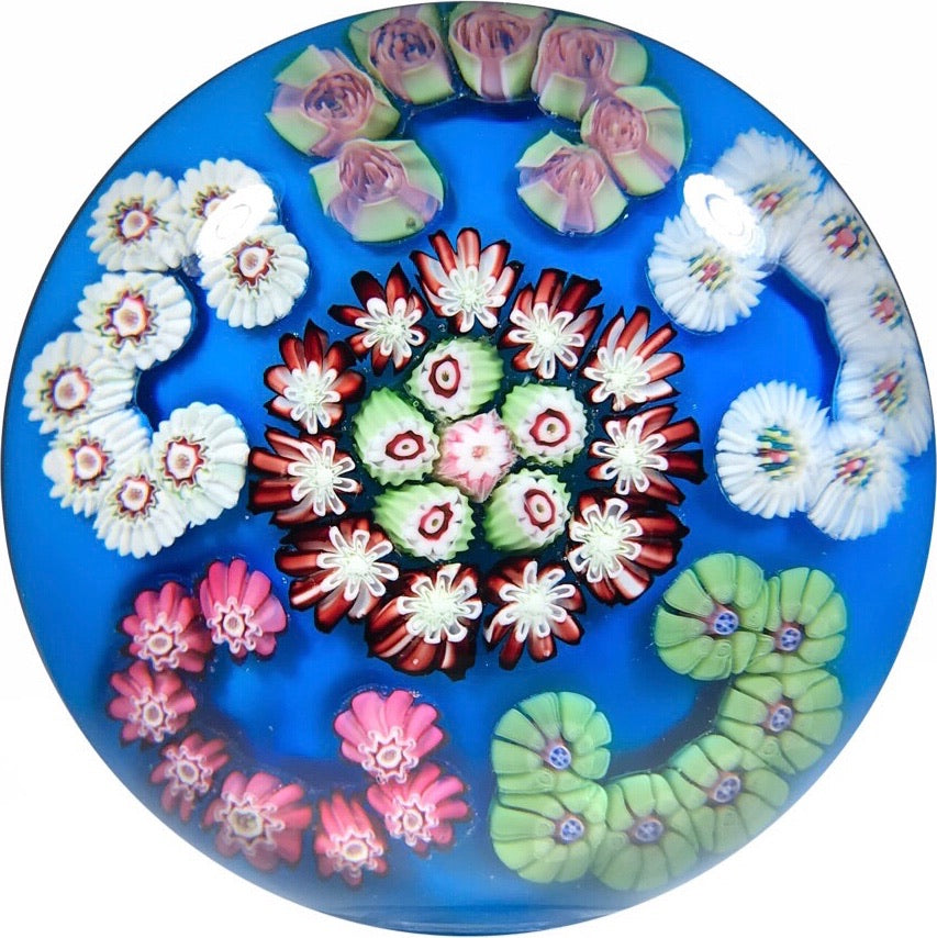 Antique Clichy Art Glass Paperweight C-Scroll Millefiori on Blue Ground with Rose Canes