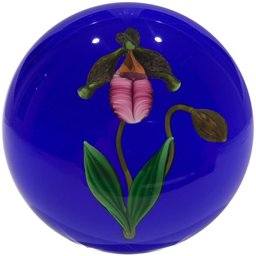 Signed Gordon Smith Art Glass Paperweight Lampwork Lady Slipper Orchid