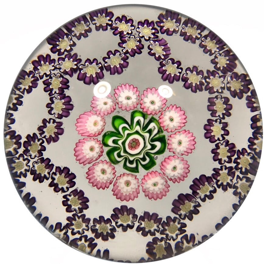 Antique Clichy Art Glass Paperweight Interlace Purple Millefiori Garland