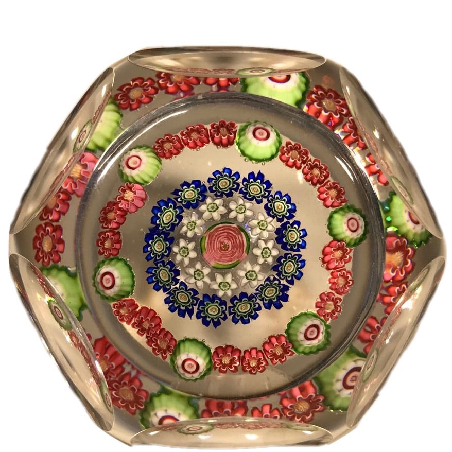 Antique Clichy Faceted Art Glass Paperweight Concentric Millefiori with Rose Cane