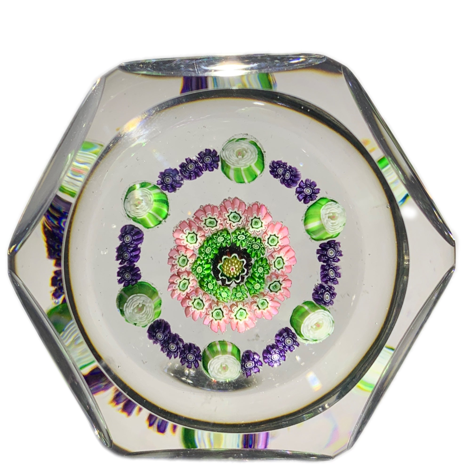 Antique Clichy Complex Open Concentric Millefiori with Green Rose Canes