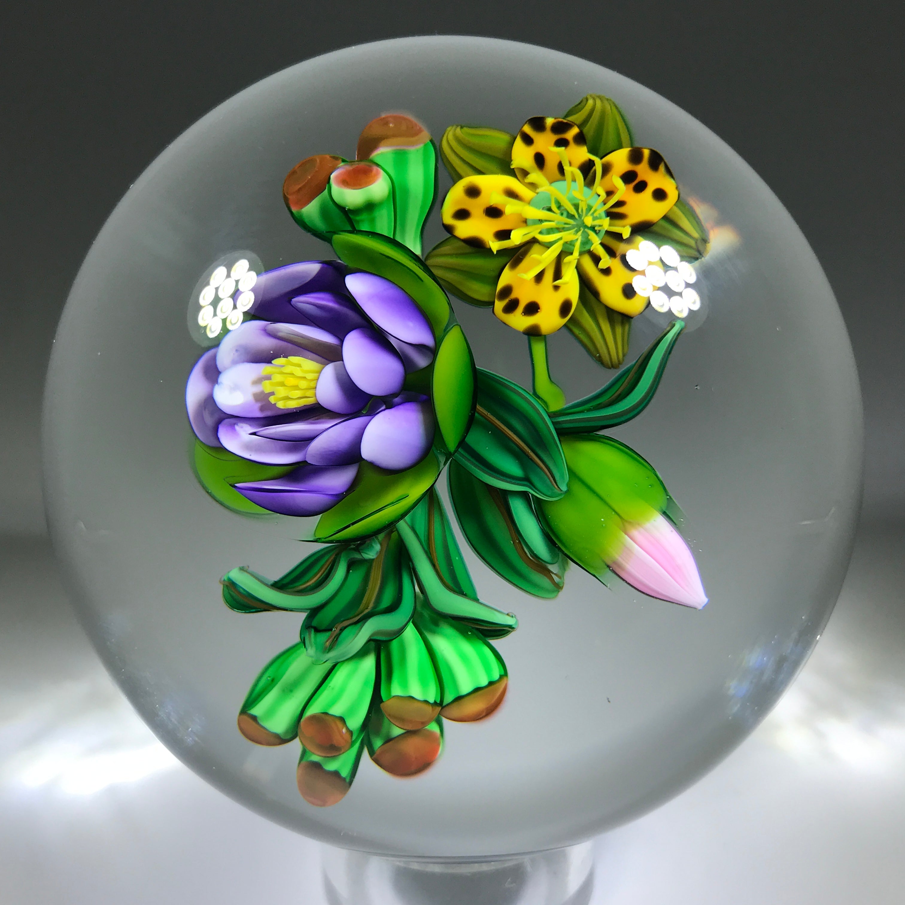 Abstract Lampwork Flowers with Leaves - Glass Paperweight newest Art