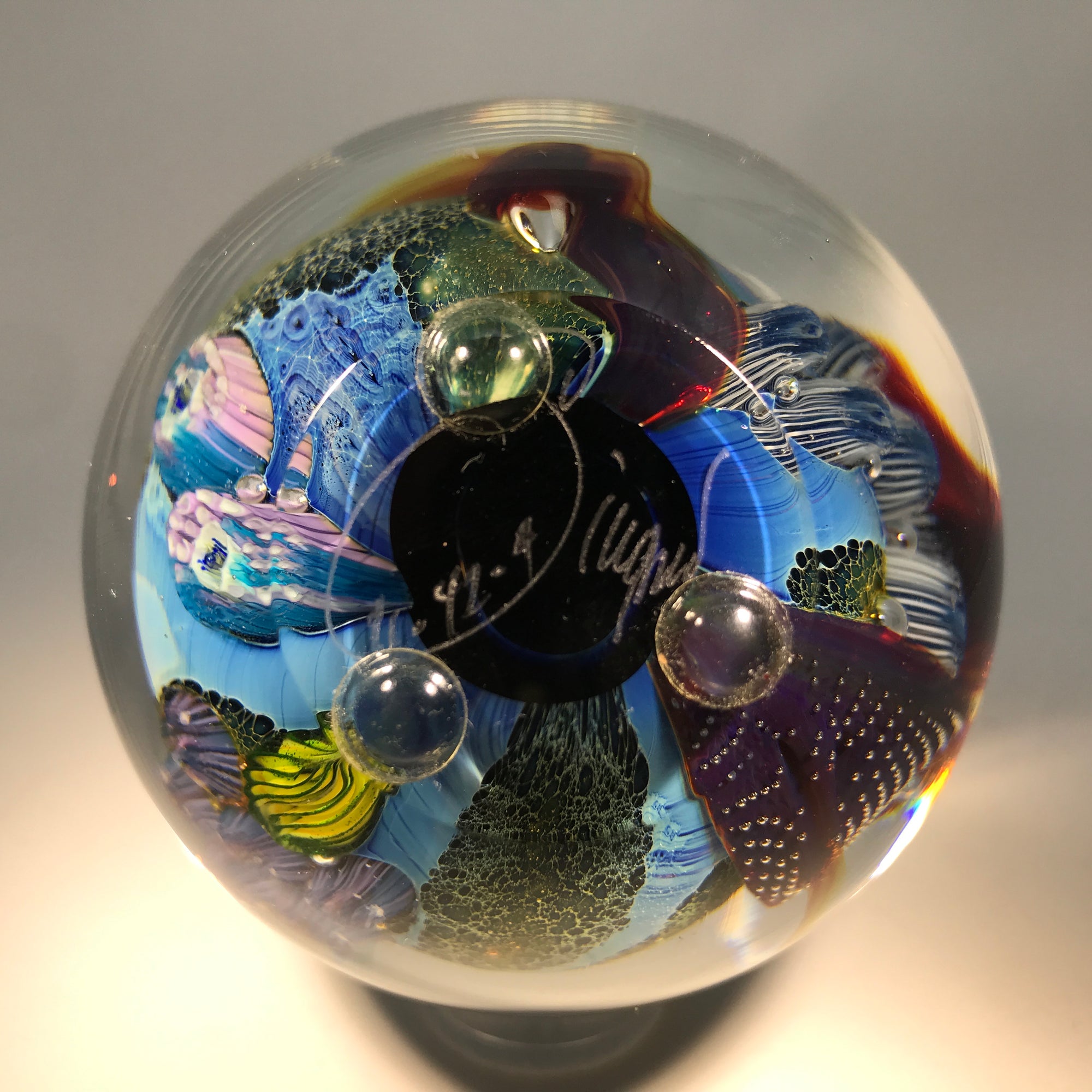 Signed Josh Simpson Art Glass Paperweight Complex Inhabited Planet W