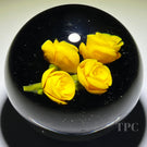 Alan Jeskewitz 2019 Glass Art Paperweight Flamework Yellow roses on Opaque Black Ground