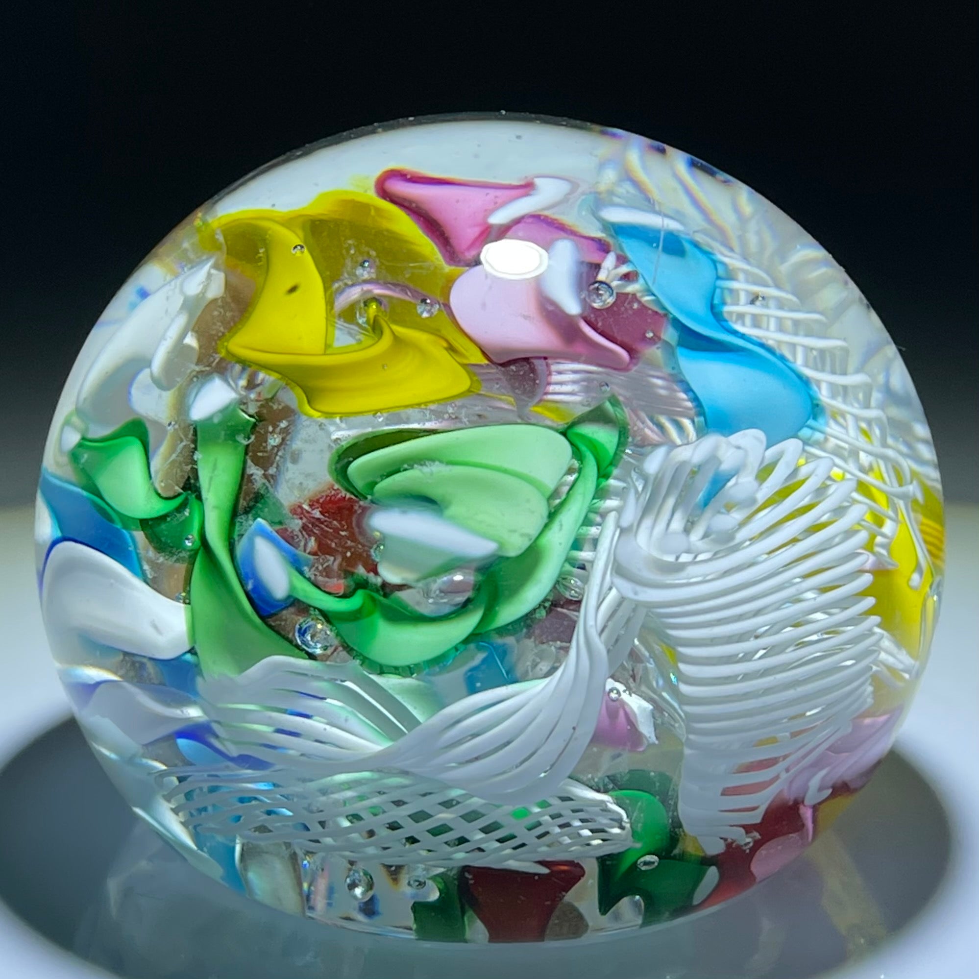 Vintage Murano Art Glass Paperweight Featuring good Yellow, Orange, Green and White Swirl Pattern Surrounded by Clear Glass, Made in Italy