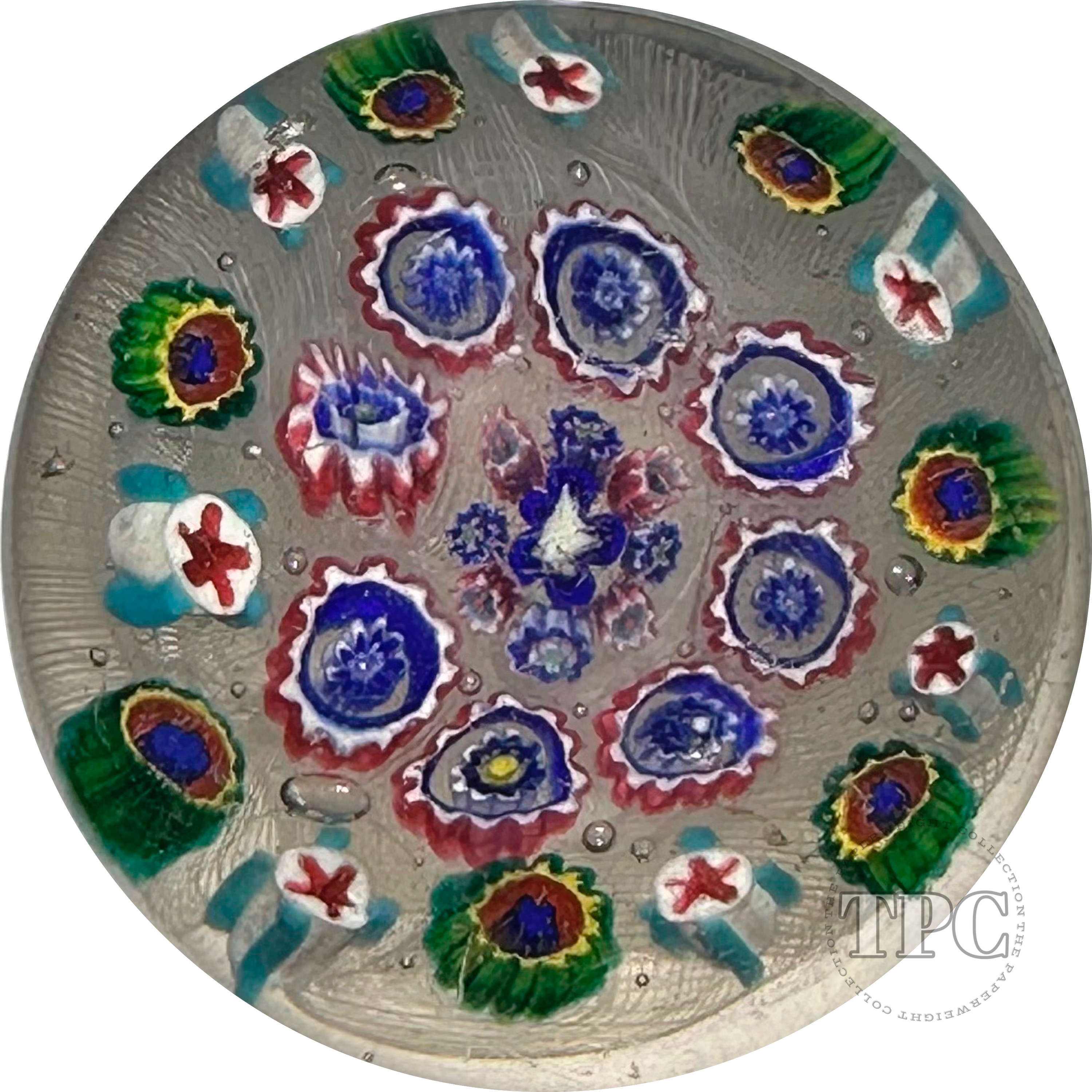 Antique Thuringian Glass Art Paperweight Colorful Concentric Millefiori on  Upset White Muslin Lace