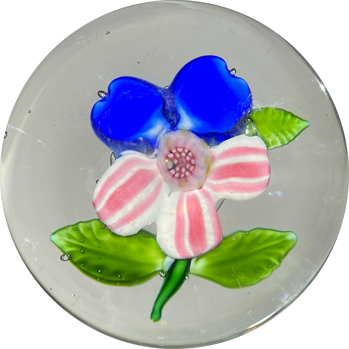 Antique Boston & Sandwich Lampwork Fantasy Flower Blue Pansy on Clear